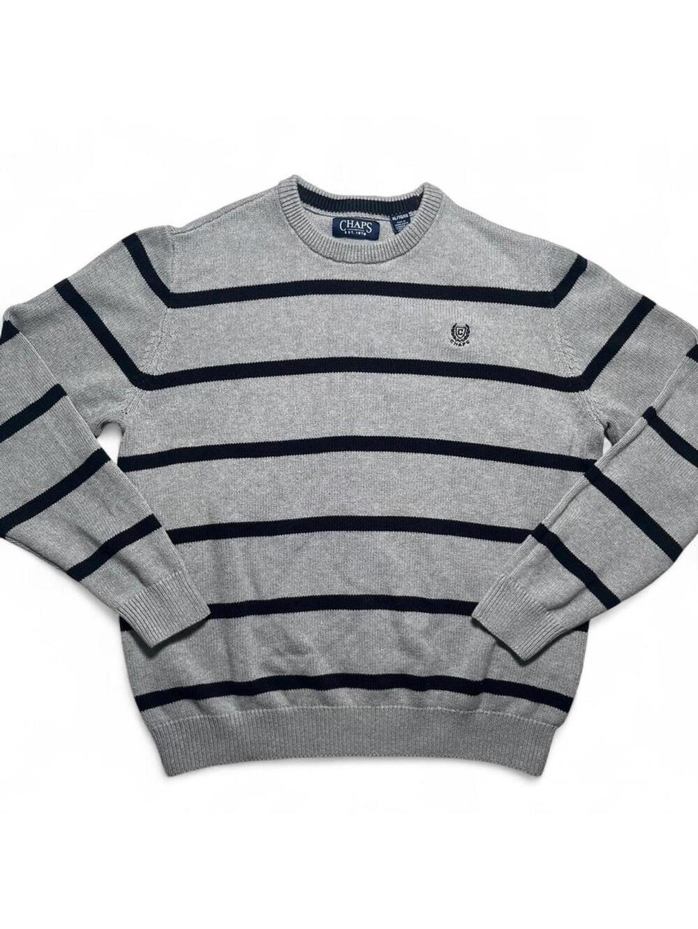 Chaps Men's Sweater XL Cotton Crewneck Navy Gray Striped Pullover Long Sleeve